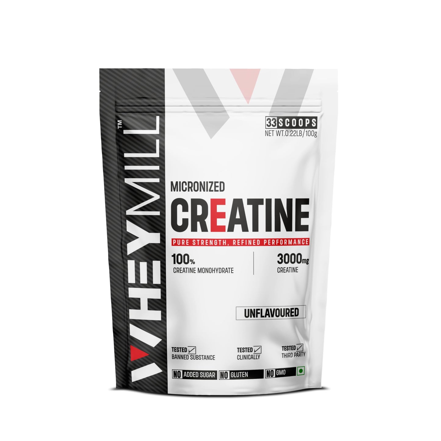 WHEYMILL Micronised Creatine Monohydrate | Lab Tested | Rapid Absorption | Fast Recovery | 100Gm, 33 Servings | Unflavoured