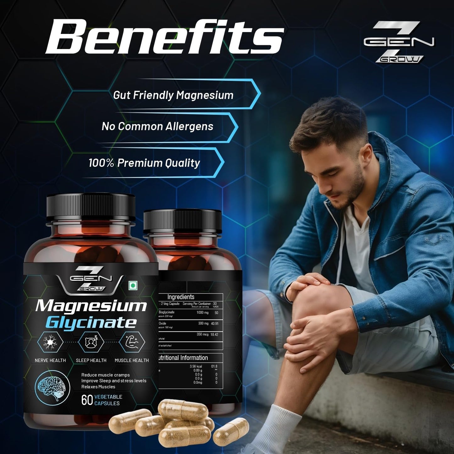 GenZ grow Magnesium Glycinate Double Strength Bisglycinate with Oxide High Absorption Formula Supports Muscle & Nerve Health 60 Veg Capsules (Pack 2)