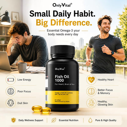 OnlyVital Fish Oil 1000 mg Softgels | Omega 3 with EPA 180 mg & DHA 120 mg | Supports Heart, Brain & Skin Health | Nutraceutical Supplement | 60 Softgels