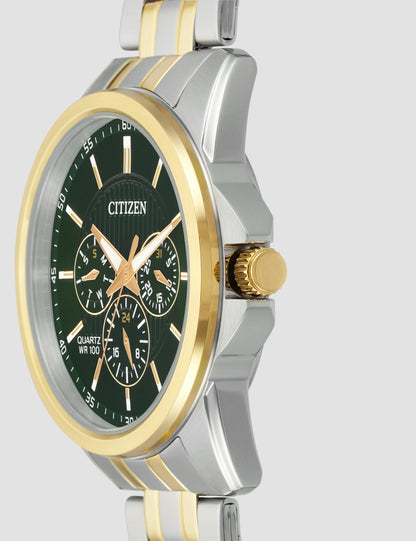 Citizen Stainless Steel Analog Quartz Multifuction Men's Black Dial Watch - AG8348-56X, Band Color-Two-Tone