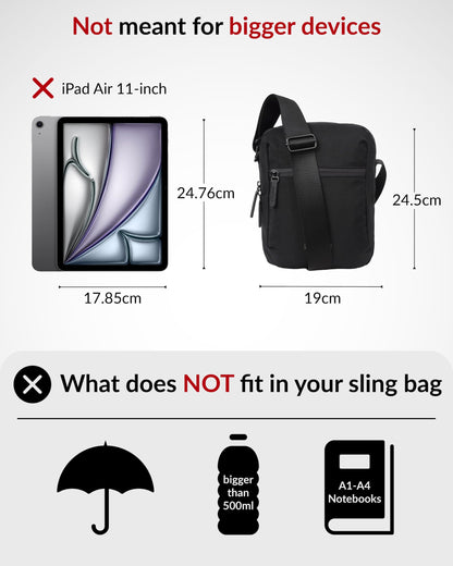 Destinio Padded Sling Bag for Men & Women | Lightweight Side Shoulder Bag | Crossbody Carry for Travel & Daily Use | Mobile Passport Cash Storage | Water Resistant Zipper | Anti Theft Lock (Black)