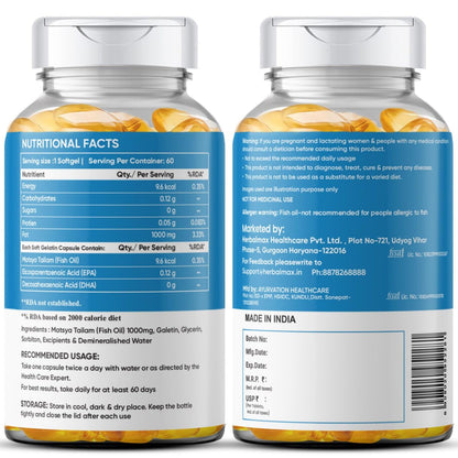Herbal Max Omega-3 Fish Oil Capsules – 180 Capsules (Pack of 3) | 1000mg Fish Oil with 180mg EPA & 120mg DHA | Heart, Brain & Joint Support | Mercury-Free & Odorless