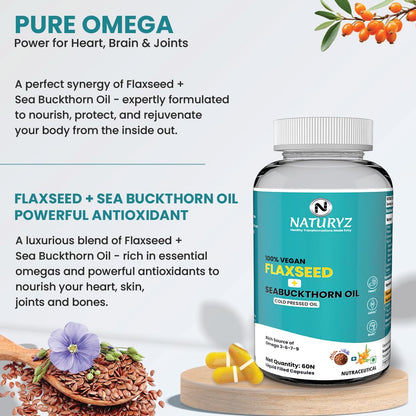 Naturyz Vegetarian Omega 3 Flaxseed + Sea buckthorn Oil Capsules 1120mg | Extra Virgin Cold Pressed Oil supplement with Omega 3, 6, 7 & 9 | Supports Healthy Heart, Skin, Brain & Gut | Plant source| Pack of 60