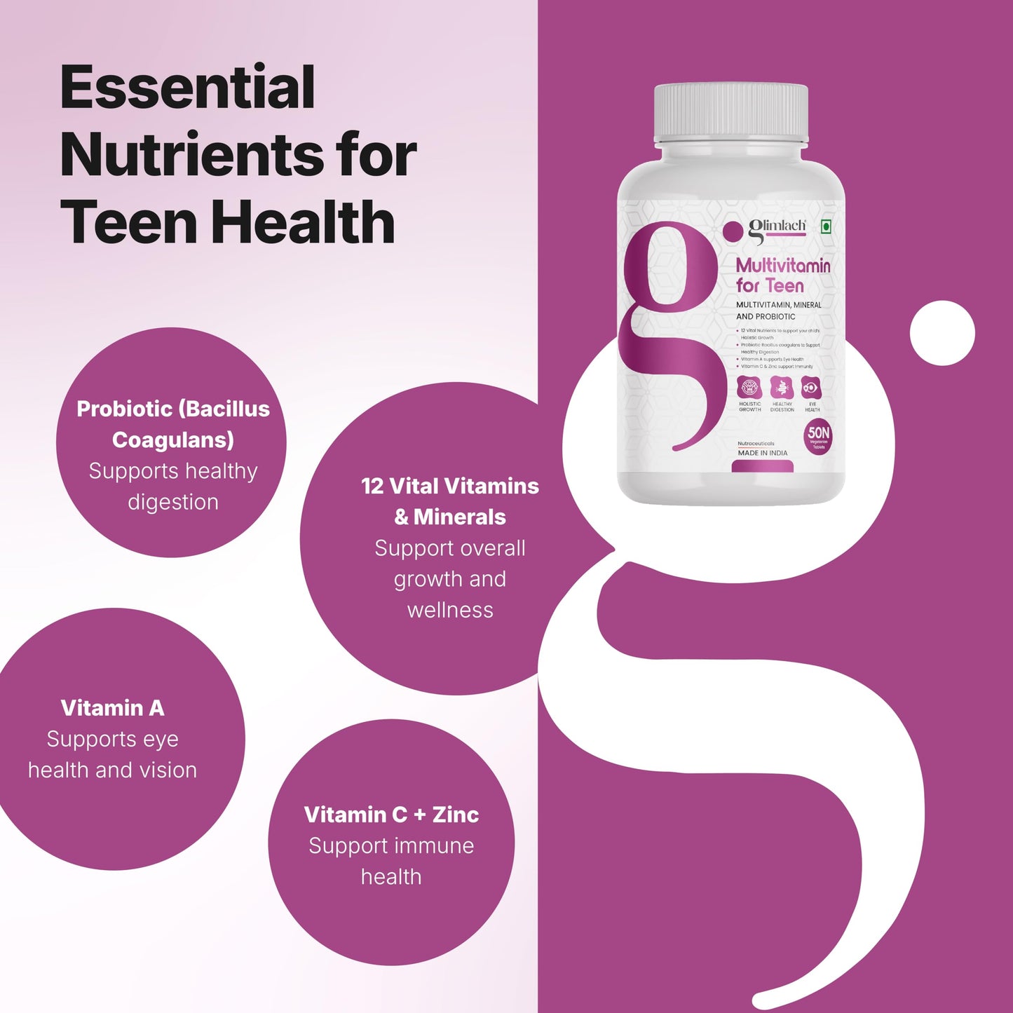 GLIMLACH Multivitamins For Teenagers, 50 Multivitamin Tablets, with Zinc, Vitamin C, Vitamin D3, Multiminerals and Enhances Energy, Stamina & Immunity