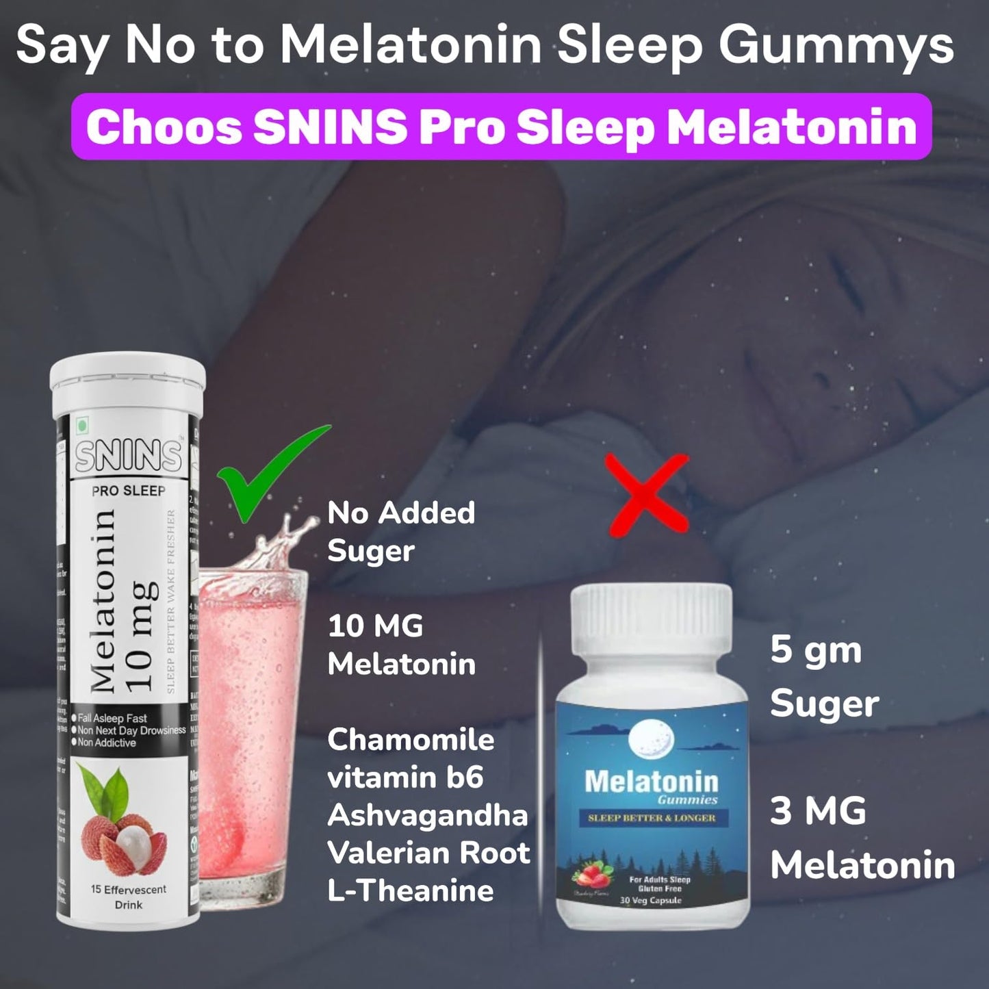 SNINS Pro Sleep 10 mg Melatonin 15 Effervescent & Stress Relief Vitamin with Ashwagandha No Added Sugar - 15 Litchi DRINK