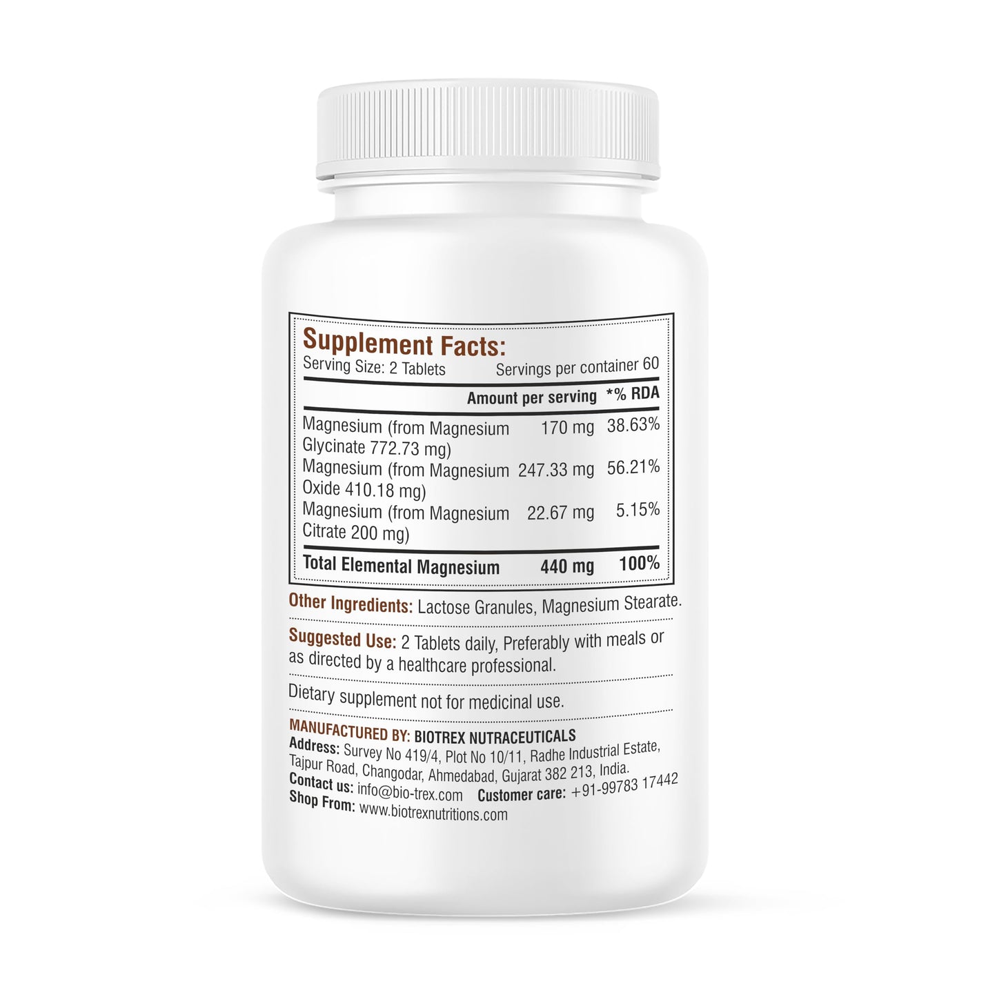Biotrex Nutraceuticals Chelated Magnesium Complex, Magnesium Riched Source From Glycinate, Oxide & Citrate, Supports Bone, Muscle & Nerves Health - 120 Vegetarian Tablets