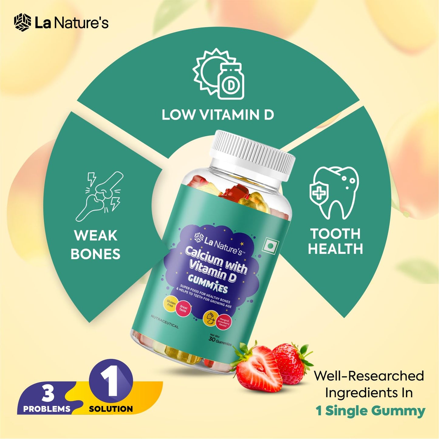 La Nature's Calcium and Vitamin D Gummies for Kids 60 Days Pack, Support Strong Bones, Joints & Muscles, For Healthy Teeth, Vegetarian (Mango & Strawberry Flavor)