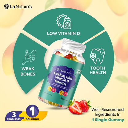 La Nature's Calcium and Vitamin D Gummies for Kids 60 Days Pack, Support Strong Bones, Joints & Muscles, For Healthy Teeth, Vegetarian (Mango & Strawberry Flavor)