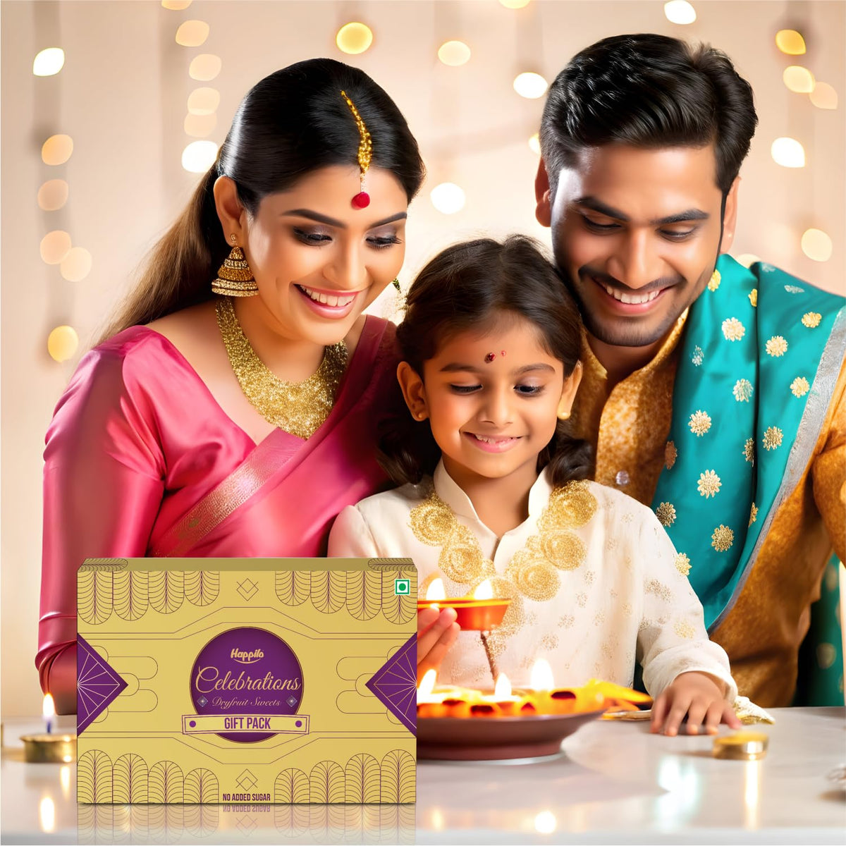 Happilo Premium Celebration Gift Box with 7 Inclusions | Dryfruit Sweets (Pistachio, Cranberry, Blueberry and Choco Almond) & Date Delight (Original, Cranberry and Orange) | Gift