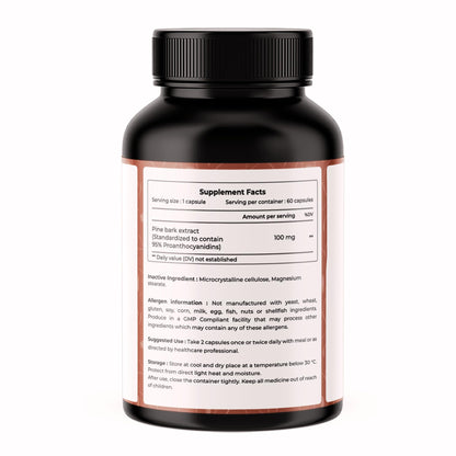 VREEX Pine Bark Extract 100mg Capsules | Natural Antioxidant Support | Helps Maintain Circulation, Skin & General Wellness | Herbal Supplement- 60 Veg Capsules