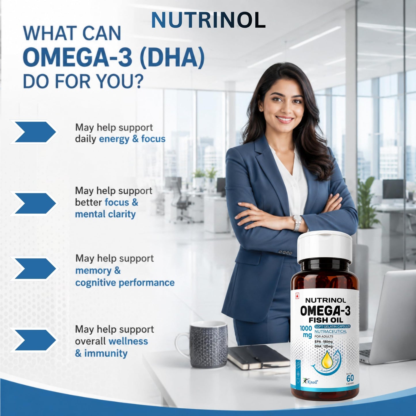 Knoll Nutrinol Fish Oil Omega 3 Capsules 1000mg | EPA & DHA Softgels for Heart, Brain, Bones & Joint Support | Daily Omega 3 Supplement for Men & Women | 60 Capsules (Pack of 1)