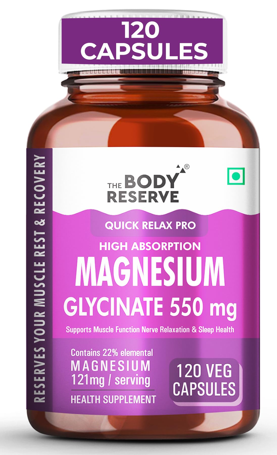 The Body Reserve Magnesium Glycinate Supplement - 120 Vegetable Capsules, 550mg Per Serving, High Absorption Chelated Form - Supports Muscle & Nerve Health, Aids Relaxation for Men & Women