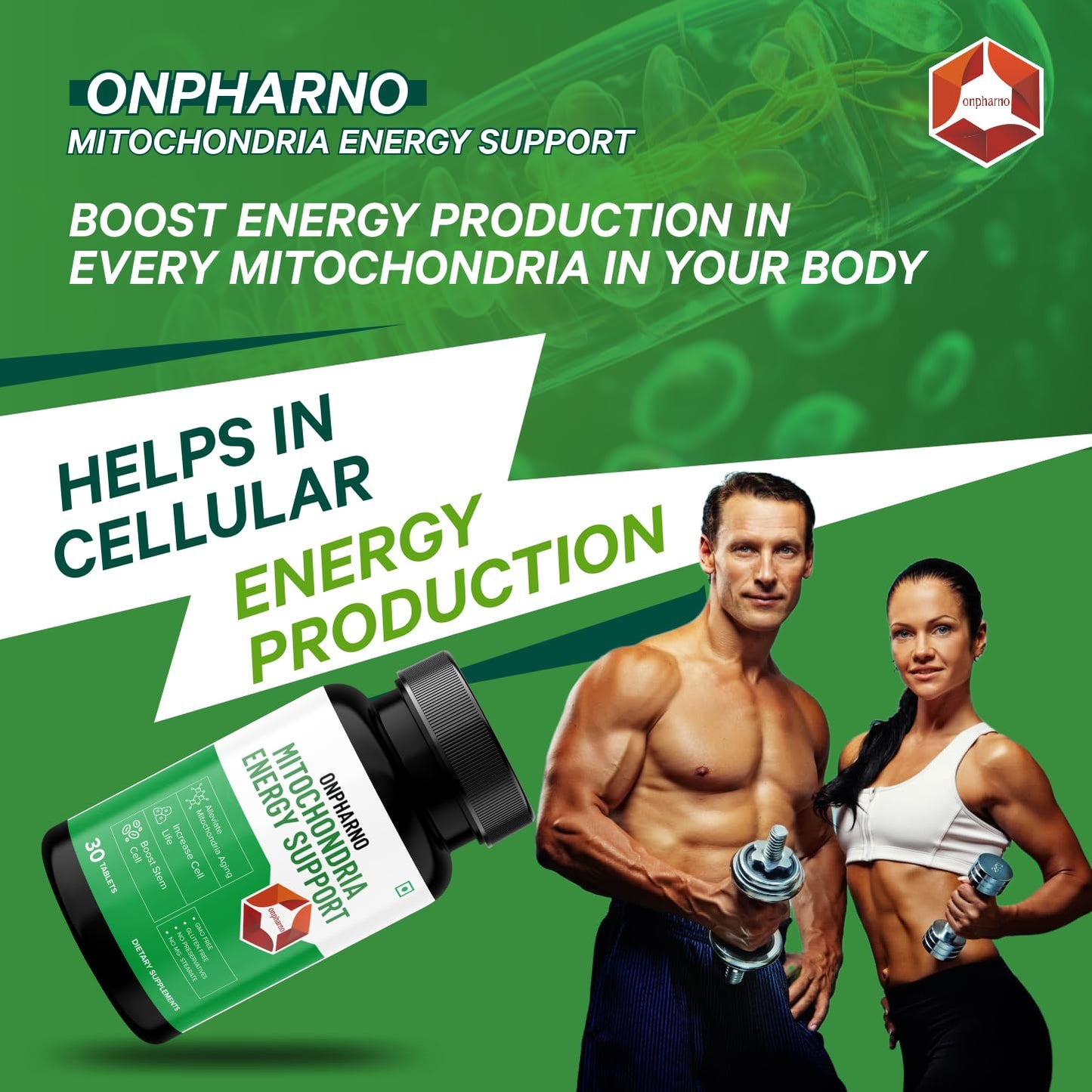 Onpharno Mitochondria Energy Support Supplement for Cellular Wellness & Daily Vitality | Advanced Energy Support Formula | Gluten Free Energy Booster | Supports Brain Function & Immunity - 30 tablets