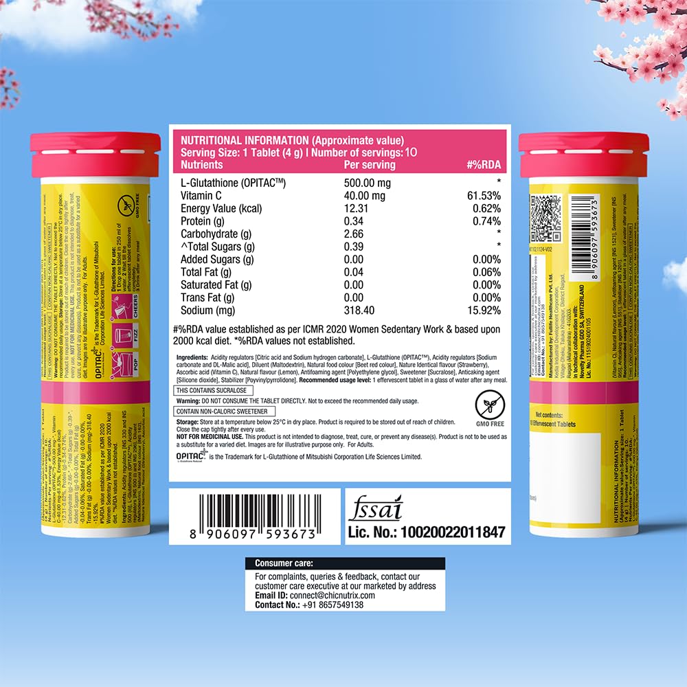 Chicnutrix Glow Glutathione Effervescent Tablets with Vitamin C |Japanese Glutathione 500mg For Radiant, Even-Toned and Glowing Skin | Sugar-Free| Strawberry Lemon Flavour | 10 Tablets