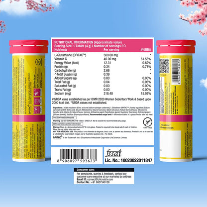 Chicnutrix Glow Glutathione Effervescent Tablets with Vitamin C |Japanese Glutathione 500mg For Radiant, Even-Toned and Glowing Skin | Sugar-Free| Strawberry Lemon Flavour | 10 Tablets