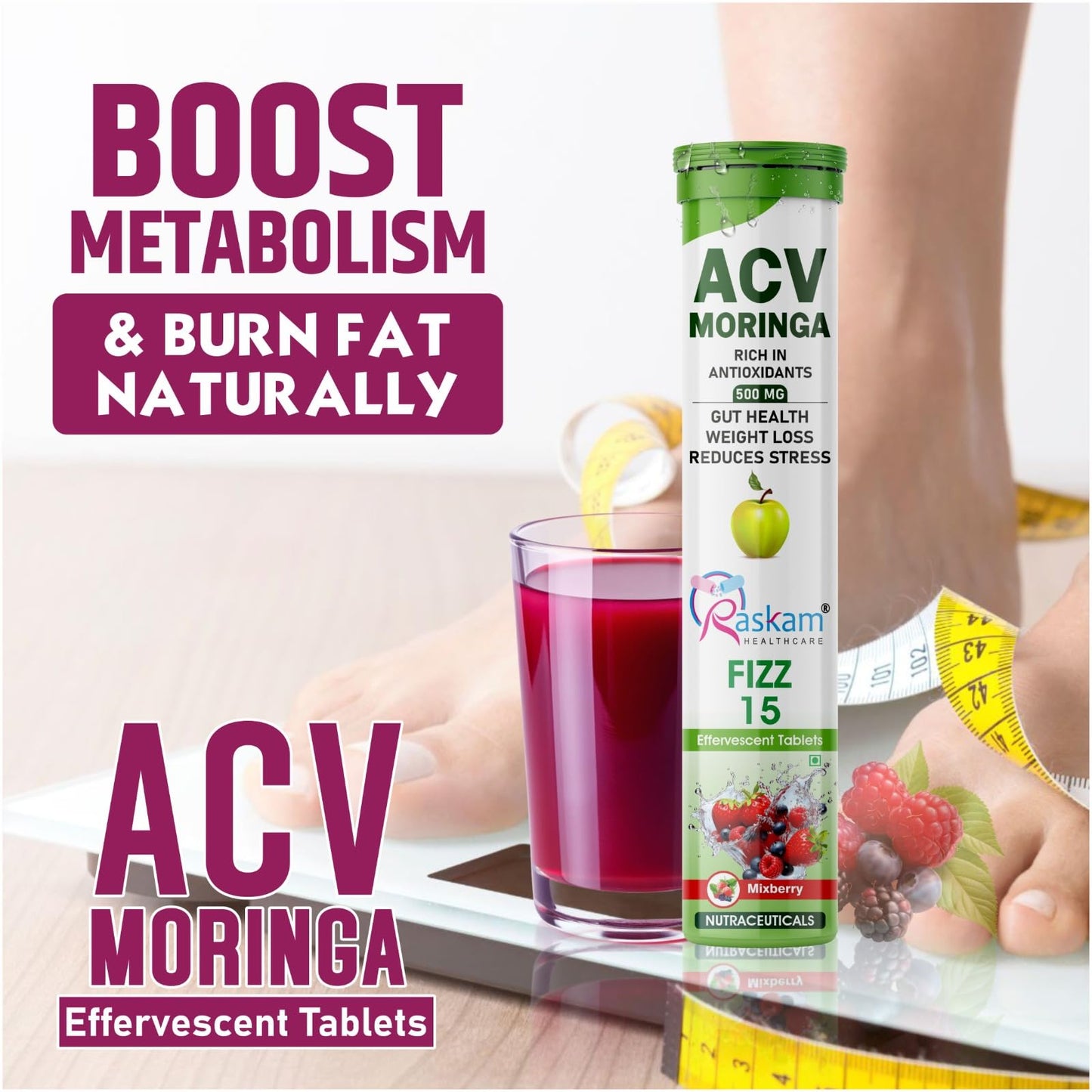 Raskam ACV Moringa Effervescent Tablets | Fizz 15 Tablets in Mixberries Flavour | Natural Energy & Immunity Booster with Antioxidants to Control Cravings | 500mg (Pack of 1)