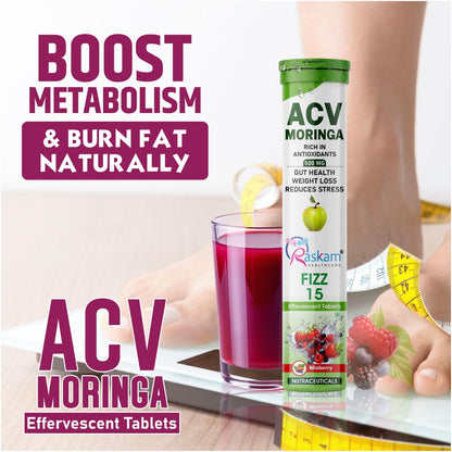 Raskam ACV Moringa Effervescent Tablets | Mixberry Flavor, 500mg | Boost Energy & Immunity Naturally with Antioxidants | Controls Cravings (4 Packs of 15 Tablets Each)
