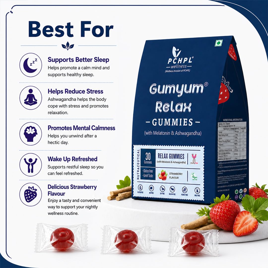 Gumyum Melatonin Sleep Gummies with Ashwagandha | Non-Addictive Stress Relief & Fast Restful Sleep | Natural Relax & Restore | Strawberry Flavor, 30 Count