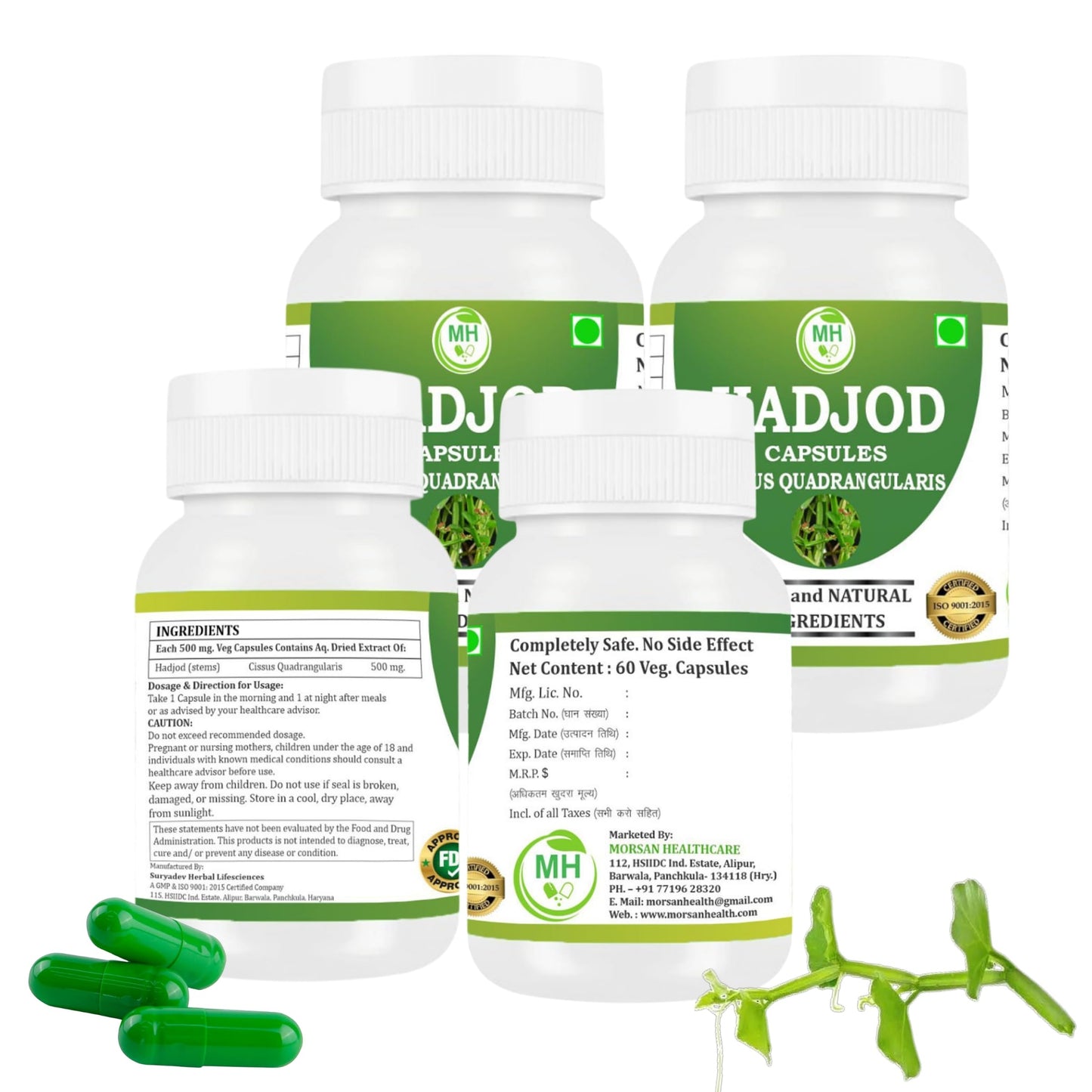 MORSAN HEALTHCARE | Hadjod Capsules 500mg – 60 Count | 4 Pack | Vegetarian | Plant-Based | Herbal Supplement | No Artificial Additives | Gluten-Free | Organic |