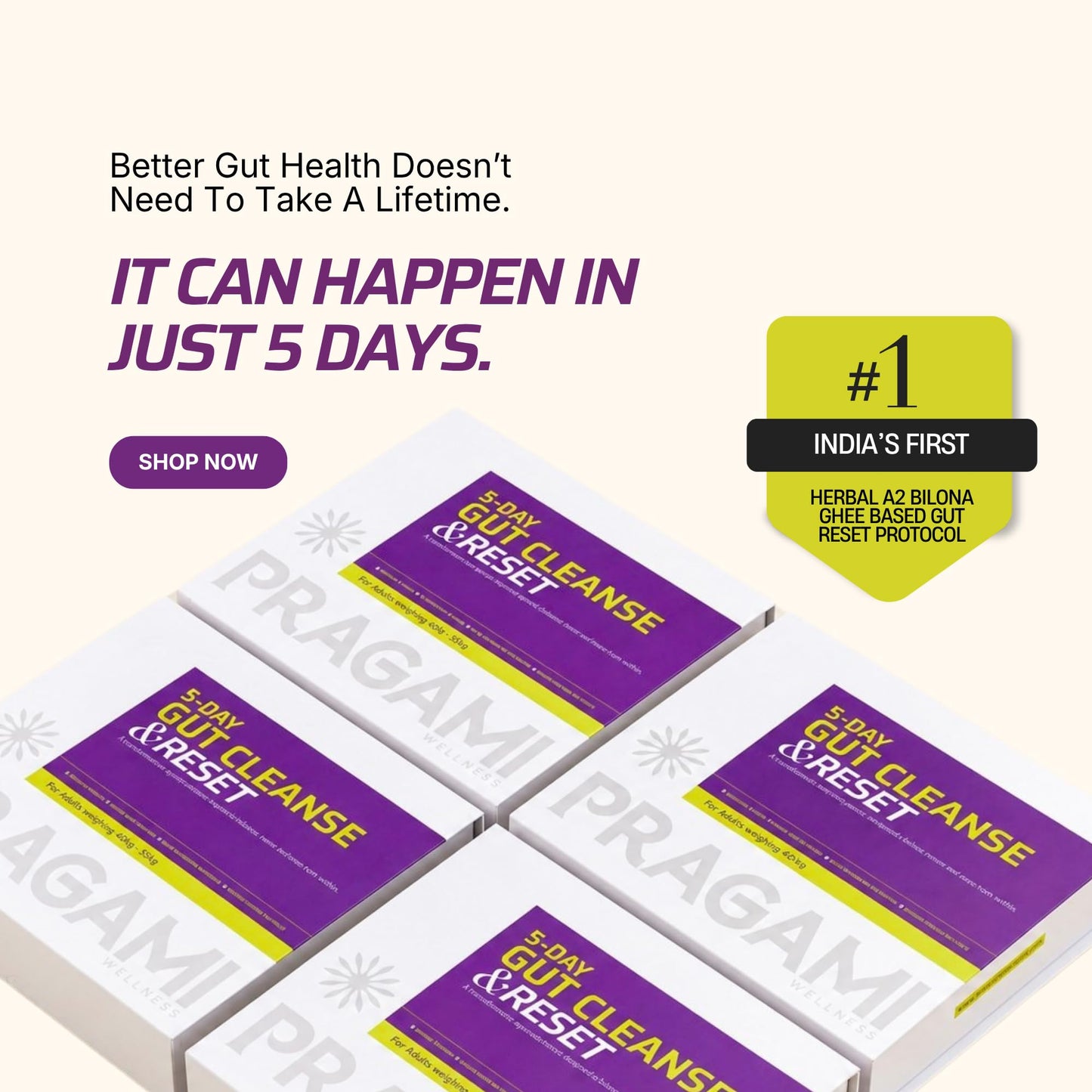 PRAGAMI Gut Cleanse & Daily Detox Combo 5-Day Gut Reset Kit (40–55 Kg) + Gut Shots 15×10Ml Gut Cleanse for Bloating, Constipation & Acidity Relief | A2 Bilona Ghee + Herbal Actives | Supports Gut Health, Microbiome & Immunity