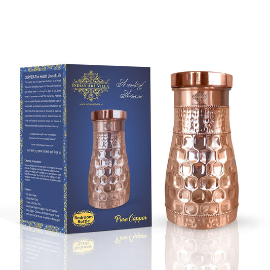 INDIAN ART VILLA Pure Copper Bedroom Water Bottle With Inbuilt Glass & Diamond Hammered Design, Drinkware, Storage Purpose, Volume-850 ml