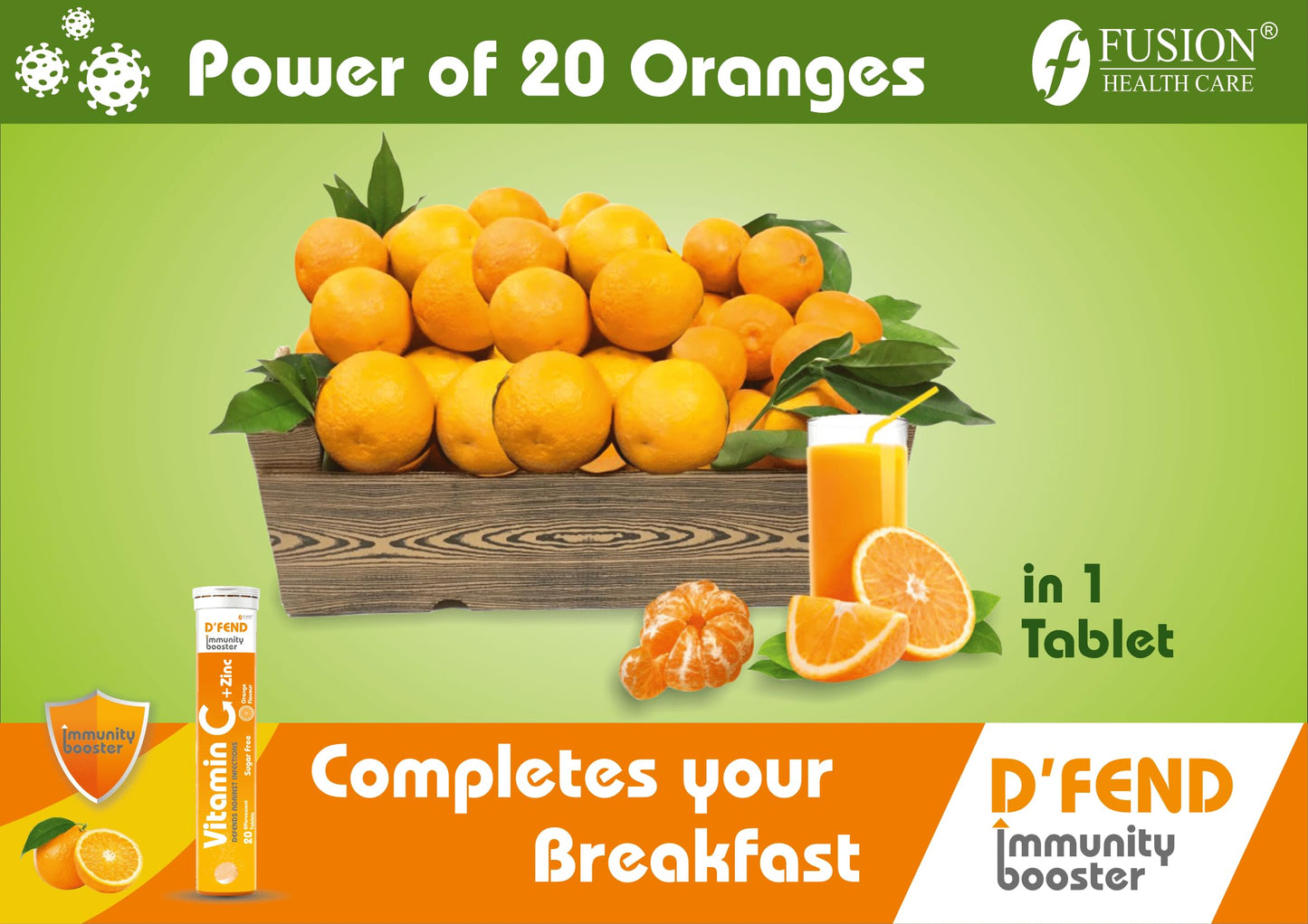 D'FEND Natural Vitamin C - 20 Effervescent Tablets, Amla Extract + Zinc for Daily Immunity | Helps to boost & Strengthens Collagen for Healthy Skin, Hair & Nails- Orange Flavour