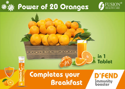 D'FEND Natural Vitamin C - 20 Effervescent Tablets, Amla Extract + Zinc for Daily Immunity | Helps to boost & Strengthens Collagen for Healthy Skin, Hair & Nails- Orange Flavour