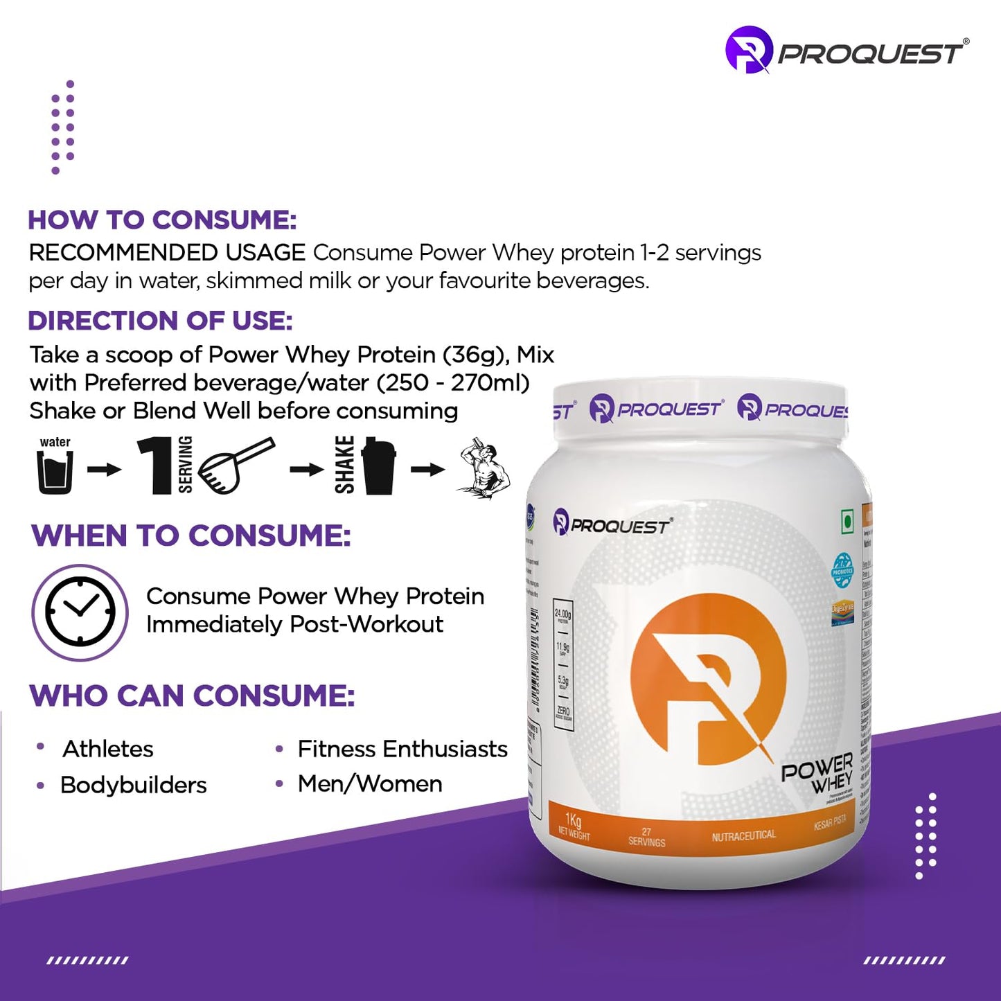 ProQuest Whey Protein Powder, kesar pista 2 kg / 4.4 Lbs (55 Servings) | 24g Protein per Scoop | Lab Tested | With Probiotics & Digezyme® | Perfect for pre-workout, post-workout or intra-workout supplement, supporting muscle recovery & performance