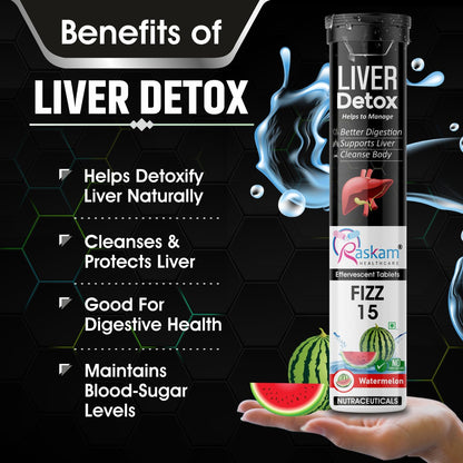 Raskam Liver Detox Effervescent – Plant-Based Detox with 9 Ayurvedic Herbs | Sugar-Free | Refreshing Watermelon Flavor | Drop, Fizz, Sip | Fizz 15 Tablets Pack of 2
