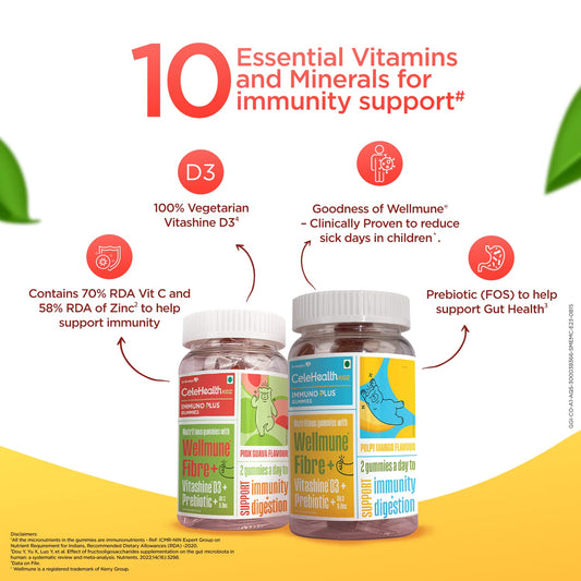 Dr. Reddy's CeleHealth Kidz Immuno Plus Multivitamin Gummies with Wellmune, Vitamin C & Zinc for Kids (4 - 12 Years) | Supports Immunity and Digestion | Pulpy Mango Flavour | 30 Gummies - Pack of 2 | 100% Vegetarian