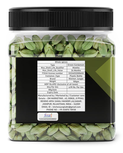 Kitchen Jungle Premium Green Cardamom (Elaichi) 100 Gm - Bold 8mm Size, Aromatic Spice for Culinary Delights