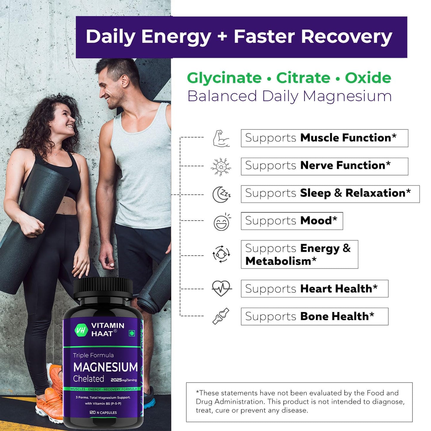 Magnesium Supplement | Magnesium Glycinate and Citrate with Vitamin B6 Supports Muscle Recovery & Better Sleep | Triple Mineral Complex |2025mg Per Serving | 120 Capsule by VitaminHaat