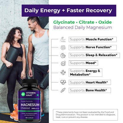 Magnesium Supplement | Magnesium Glycinate and Citrate with Vitamin B6 Supports Muscle Recovery & Better Sleep | Triple Mineral Complex |2025mg Per Serving | 120 Capsule by VitaminHaat