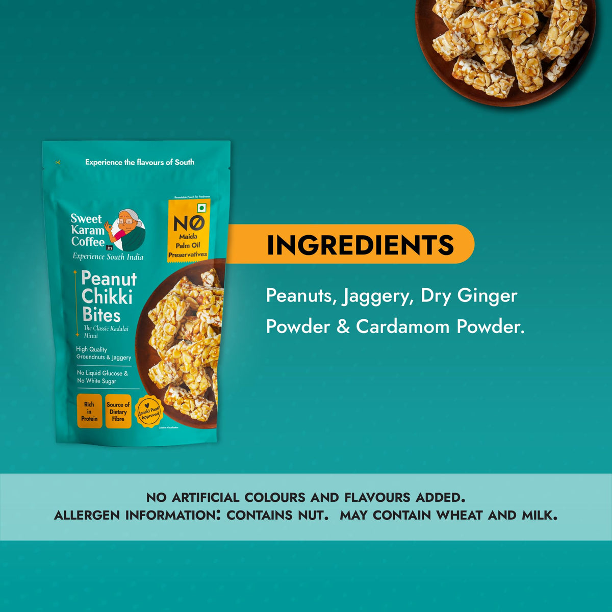 Sweet Karam Coffee Peanut Chikki Bites – Pack of 2 (150g Each) | No Palm Oil or Preservatives | Jaggery Sweetened | White Sugar Free | High Protein & Fiber | Kadalai Mittai Gajak | Healthy Indian Snack