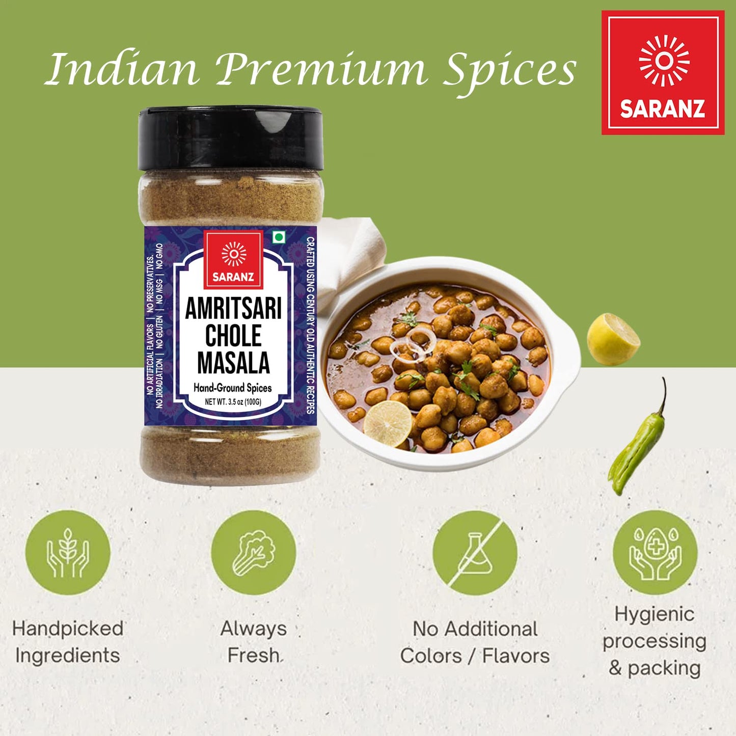 SARANZ Amritsari Chole Masala | Authentic Punjabi Chole Masala | Freshly Ground Spices for Restaurant-Style Chole & Chole Bhature | Rich Gravy Masala Blend – 100g Bottle