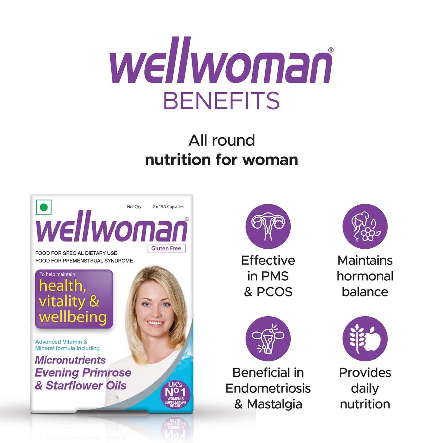 Wellwoman Multivitamin Capsules For Women With Evening Primrose Oil,Magnesium,Vitamin C,B6,Folic Acid To Provide All Round Nutrition,Immunity,Helps Reduce Pms, Pcos Symptoms,Vegetarian 30 Capsules