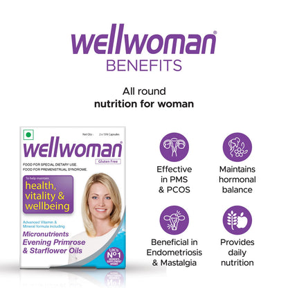 Wellwoman Multivitamin Capsules For Women With Evening Primrose Oil,Magnesium,Vitamin C,B6,Folic Acid To Provide All Round Nutrition,Immunity,Helps Reduce Pms, Pcos Symptoms,Vegetarian 30 Capsules