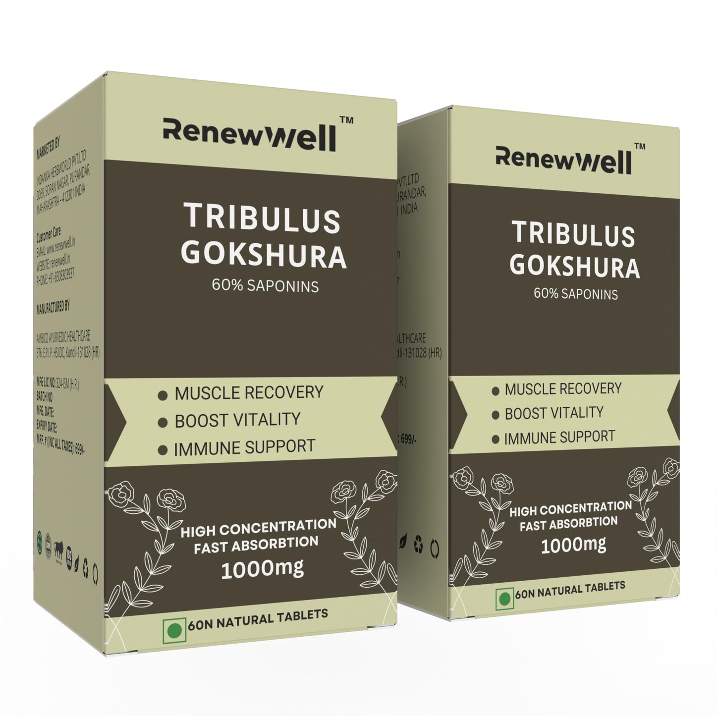Renewwell Tribulus Gokshura 60 Tablets 1000mg – Best Tribulus Terrestris Overall Wellness (Pack of 2)