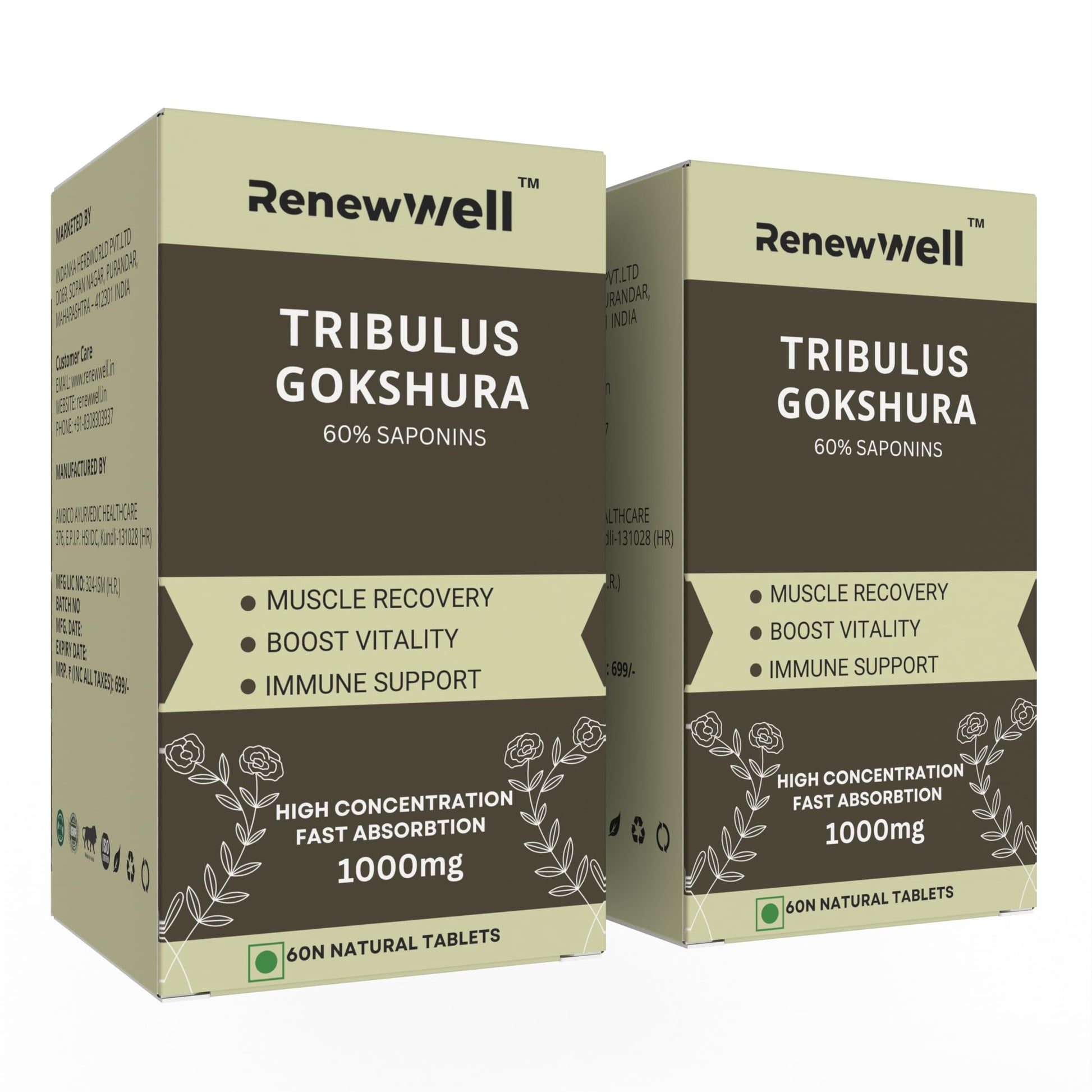 Renewwell Tribulus Gokshura 60 Tablets 1000mg – Best Tribulus Terrestris Overall Wellness (Pack of 2)