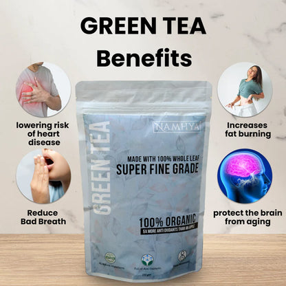 Namhya - Whole Leaf Green Tea - 250g (125 Cups) - Boosts Metabolism, Burns Fat, Supports Heart & Brain - Pure Green Tea Leaves - Natural, No Preservatives - Balances Pitta & Kapha, Supports Digestion