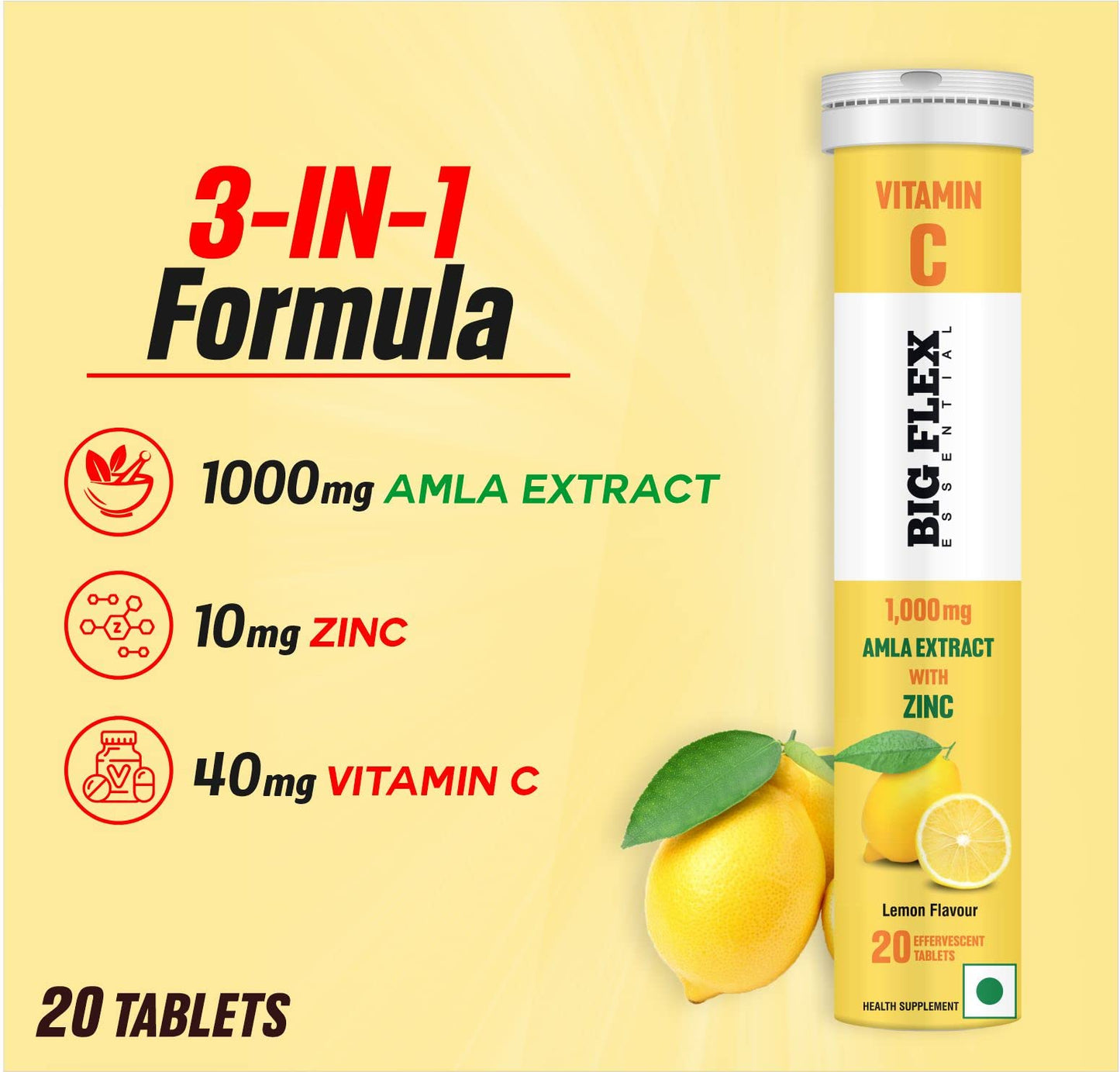 Bigflex Vitamin-C 1000mg Natural Amla Extract + 10mg Zinc | Antioxidants Support | Natural Immunity Booster | Skin Care | Zero Sugar - Pack of 1 (20 Fizzy) Effervescent Tablets - Lemon flavour