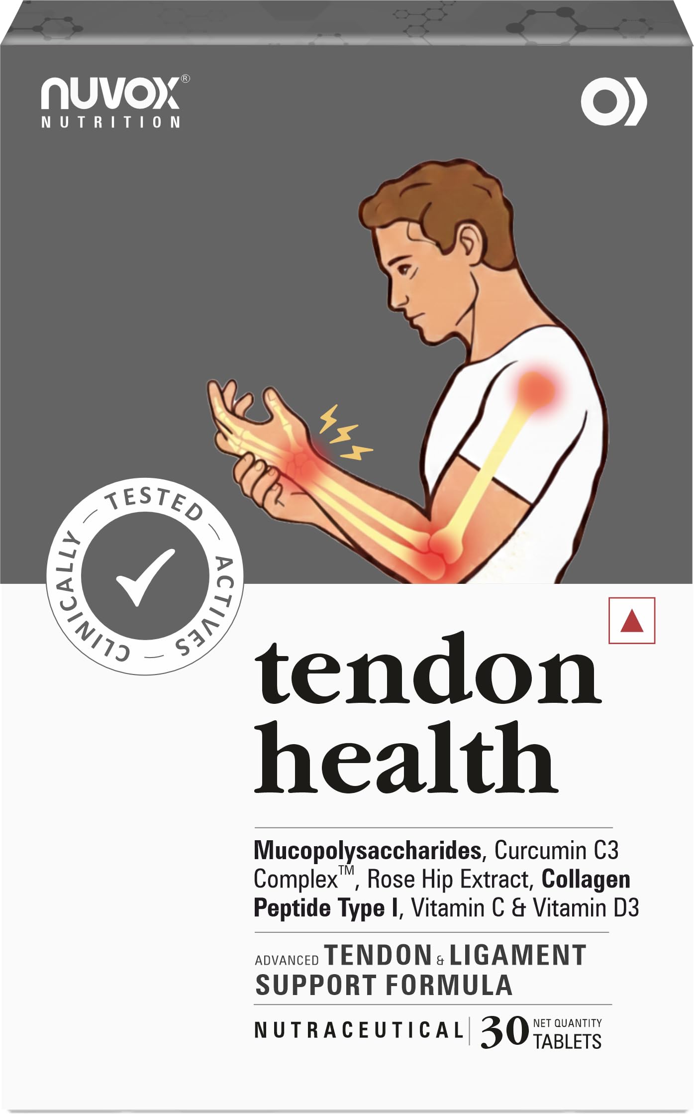 NUVOX Tendon Health, Joint Cartilage & Ligament Care, blend of Rosehip extract, Monosaccharides, Collagen, CurcuminC3 Complex & Vitamins (Pack of 1 count, 30 Tablets)