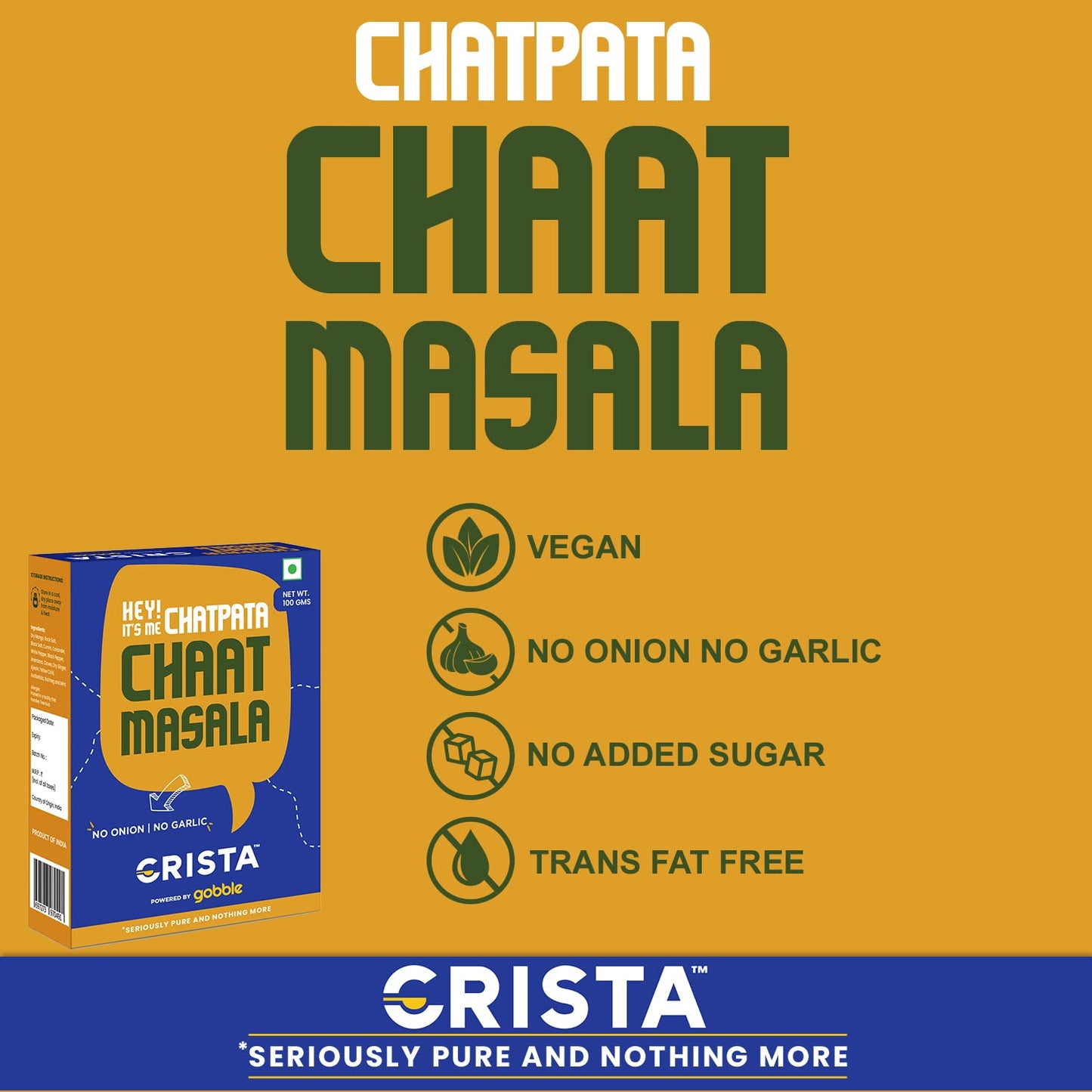 CRISTA 100 gms Chatpata Chaat Masala | Chat Masala | Chat Masala Powder | Vegan | No Onion | No Garlic | No Added Sugar | Trans Fat Free | Zero added Colours & Preservatives