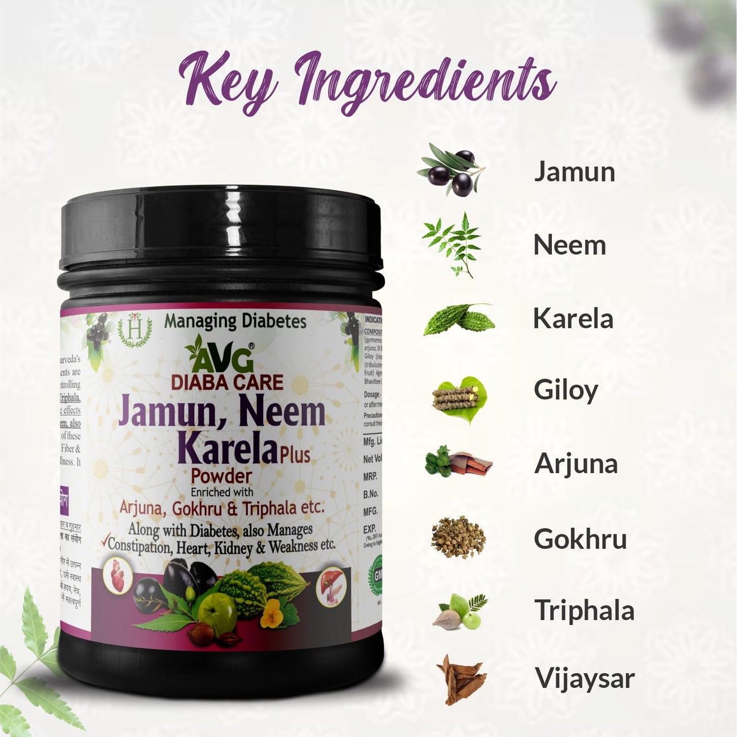 AVG Health Organics Jamun, Neem & Karela Plus Powder 200g, Diabetes Care Ayurvedic Supplement with Arjuna, Gokhru & Triphala for Diabetes Care and Weakness.