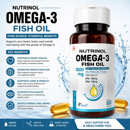 Knoll Nutrinol Fish Oil Omega 3 Capsules 1000mg | EPA & DHA Softgels for Heart, Brain, Bones & Joint Support | Daily Omega 3 Supplement for Men & Women | 60 Capsules (Pack of 2)