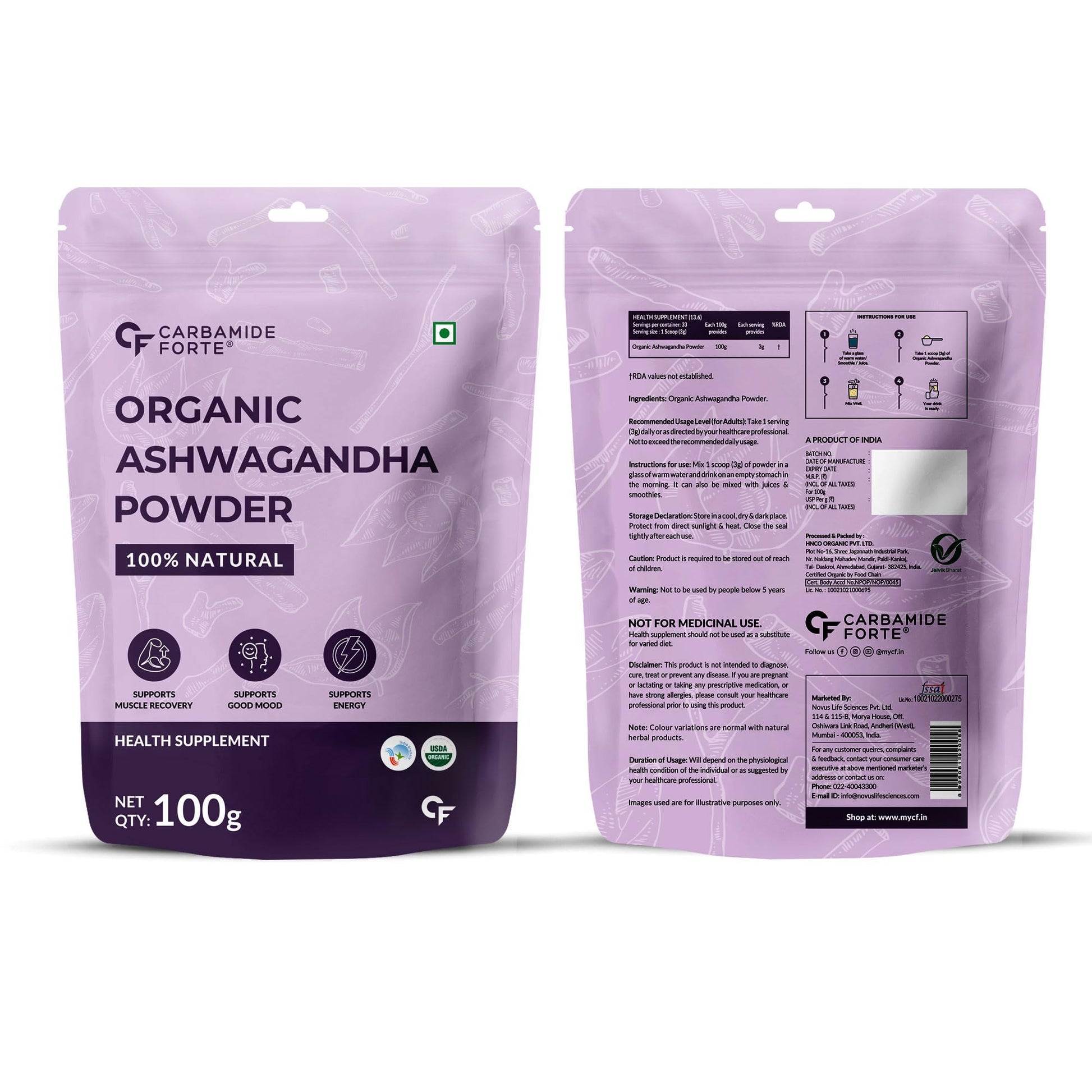 Carbamide Forte 100% Organic Ashwagandha Powder 100gm - Withania Somnif- image 2