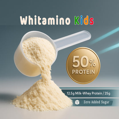 Whitamino, kids protein powder (2-10 Years) – High-Protein Nutritional Drink for Children with 12.5g Protein, 26 Vitamins & Minerals – Vanilla Flavor, 250g