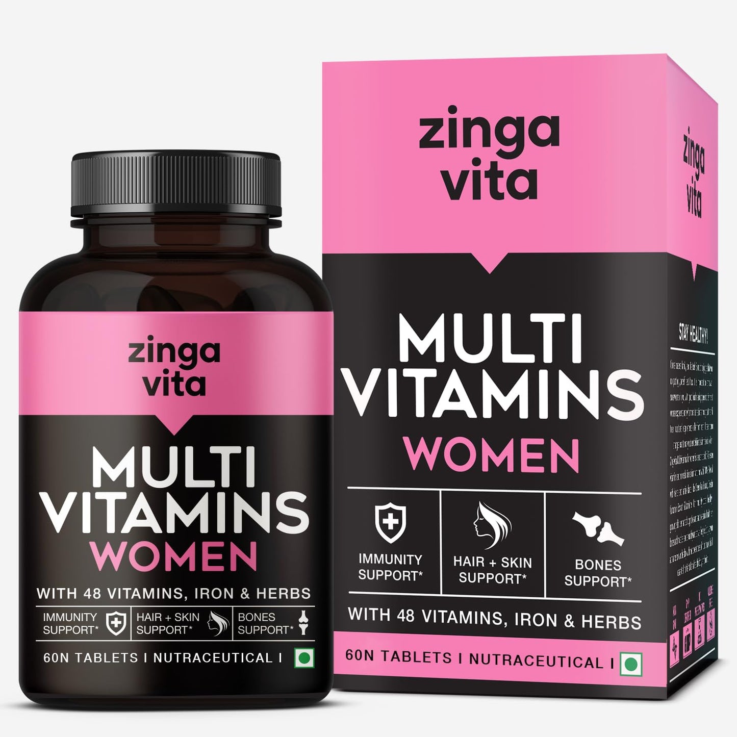 Zingavita Multivitamin for Women with 45+ Essential Nutrients | Zinc, Vitamin C, Biotin, Calcium, Vitamin D, Iron and Herbs for Healthy Hair, Skin, Strong Bones & Overall Health - 60 Veg Tablets