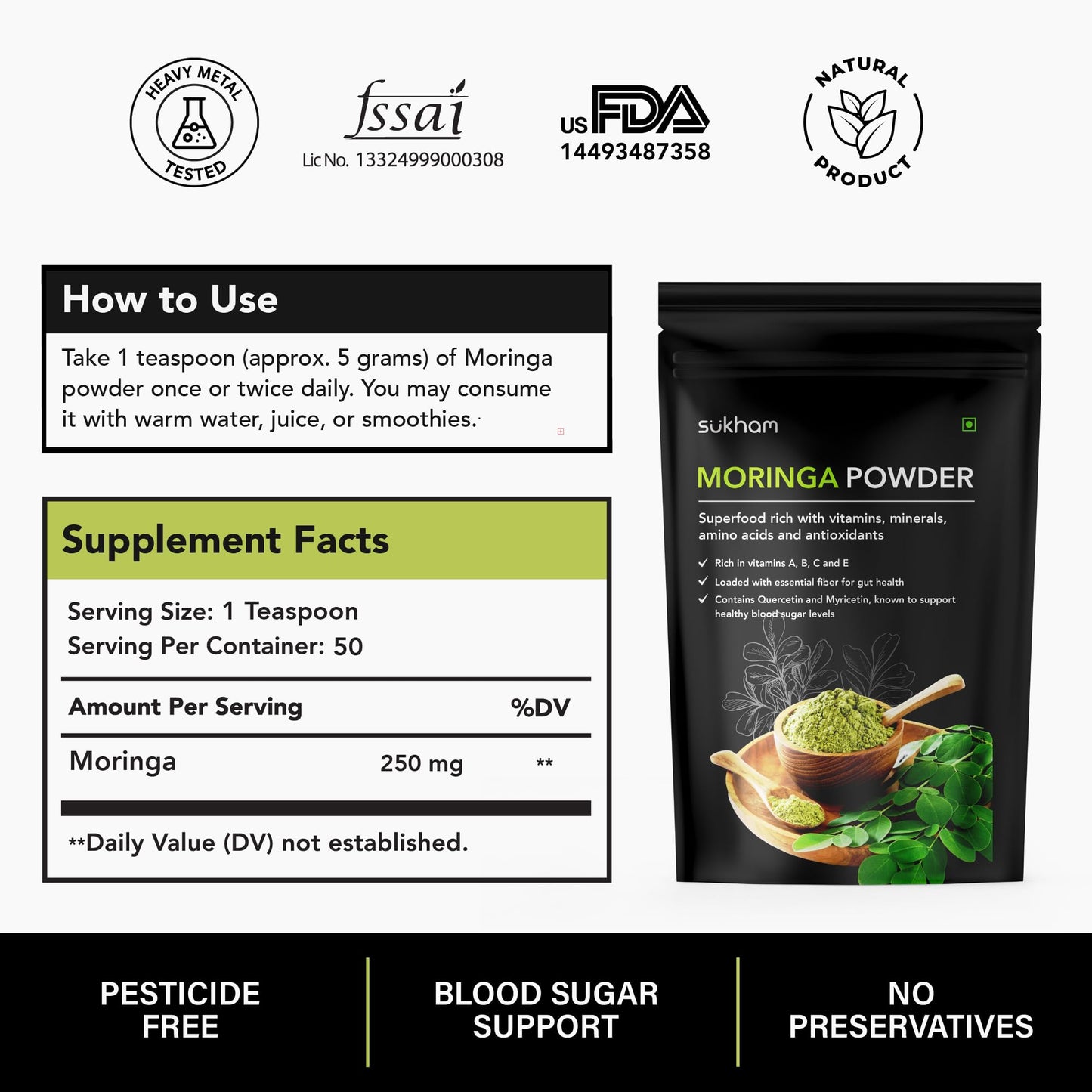 Sukham Organic Moringa (Drumstick) Leaves Powder | 250 g | 50 Servings | Natural Multi-vitamin | Good for Hair, Skin & Gut | Superfood rich with calcium, iron & magnesium | For Men & Women