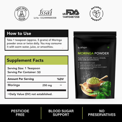 Sukham Organic Moringa (Drumstick) Leaves Powder | 250 g | 50 Servings | Natural Multi-vitamin | Good for Hair, Skin & Gut | Superfood rich with calcium, iron & magnesium | For Men & Women